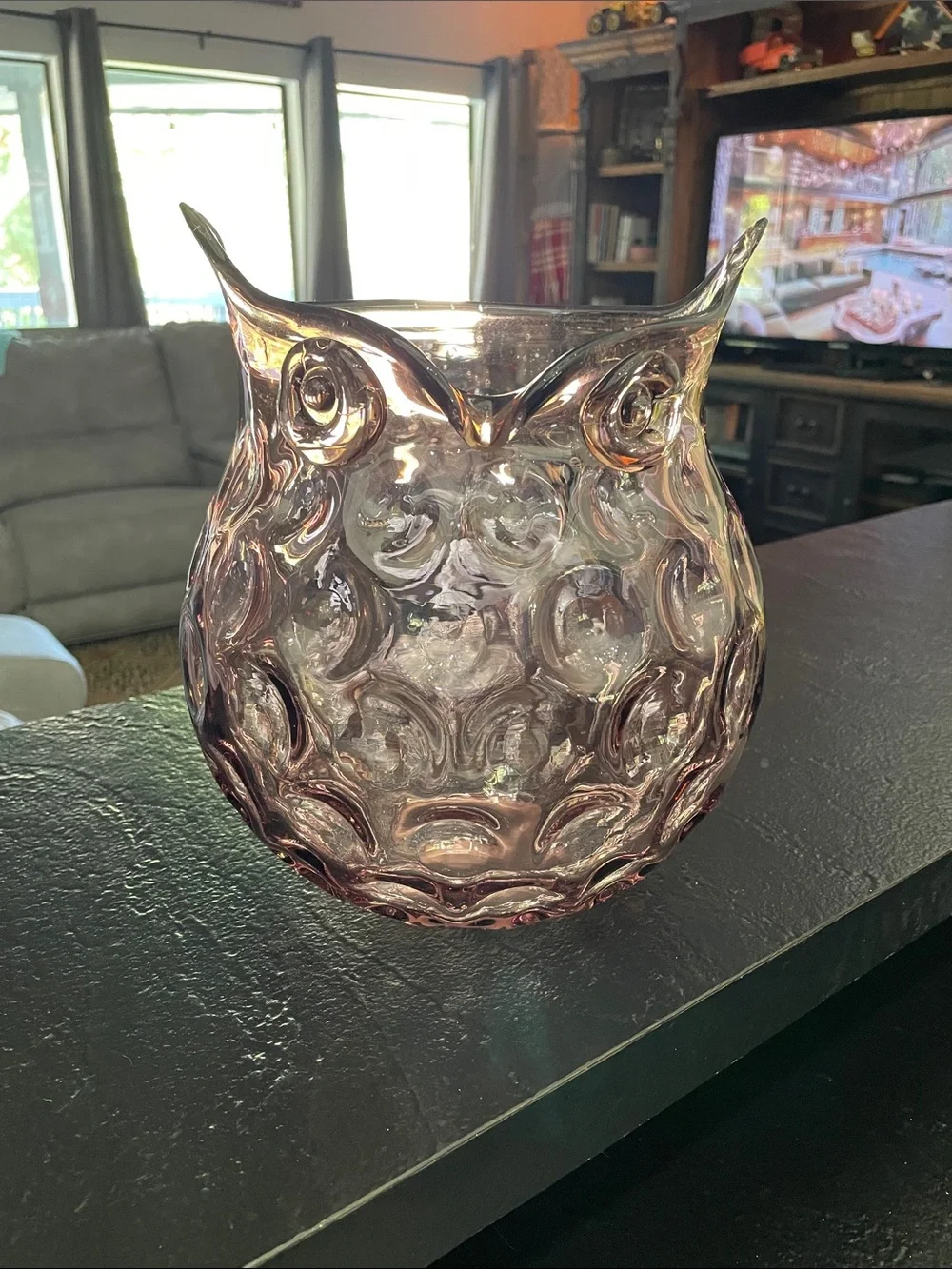 HB Glass Purple Owl Decorative Vase With Thumbprint Design 9 1/2 x 8 1/2